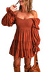 Off Shoulder Shirred Bodice Ruffled Sleeve Dress