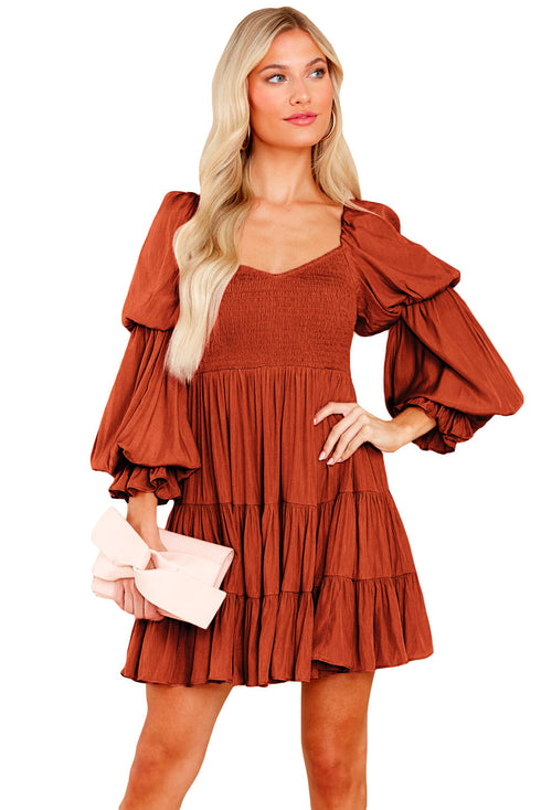 Off Shoulder Shirred Bodice Ruffled Sleeve Dress