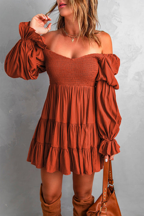 Off Shoulder Shirred Bodice Ruffled Sleeve Dress