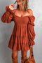 Off Shoulder Shirred Bodice Ruffled Sleeve Dress
