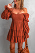 Off Shoulder Shirred Bodice Ruffled Sleeve Dress