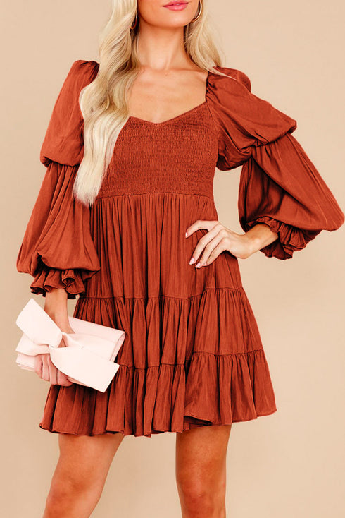 Off Shoulder Shirred Bodice Ruffled Sleeve Dress