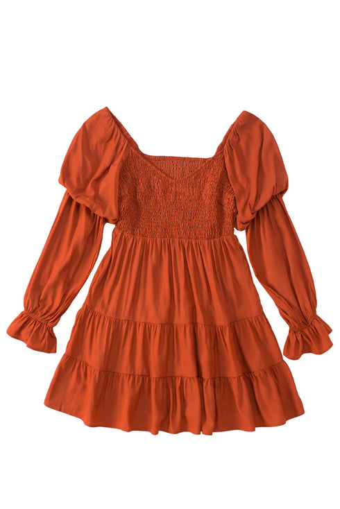 Off Shoulder Shirred Bodice Ruffled Sleeve Dress