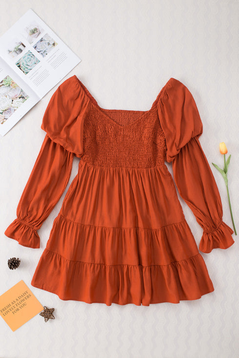 Off Shoulder Shirred Bodice Ruffled Sleeve Dress