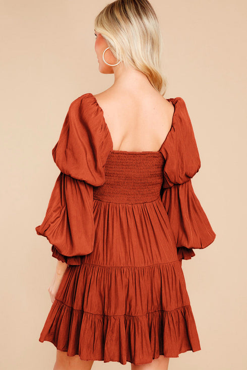 Off Shoulder Shirred Bodice Ruffled Sleeve Dress