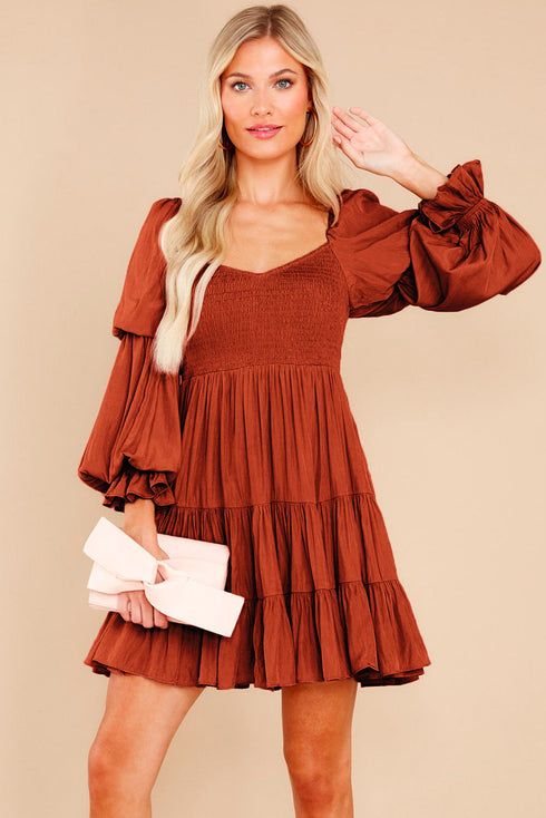 Off Shoulder Shirred Bodice Ruffled Sleeve Dress