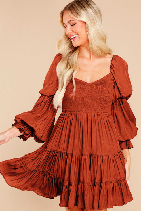 Off Shoulder Shirred Bodice Ruffled Sleeve Dress