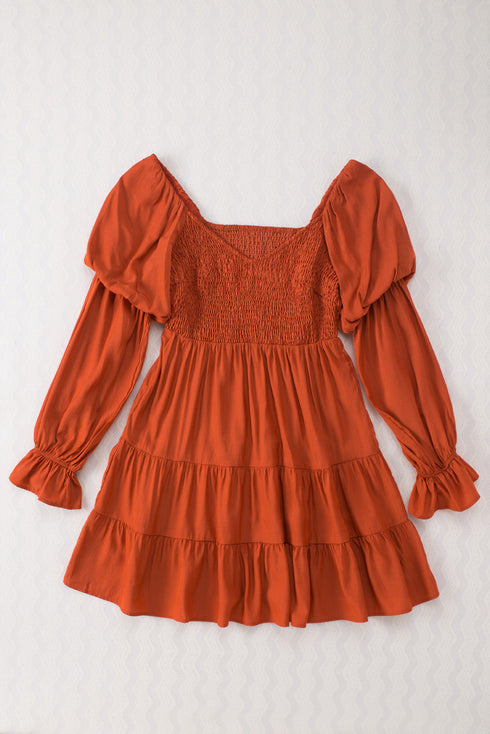 Off Shoulder Shirred Bodice Ruffled Sleeve Dress