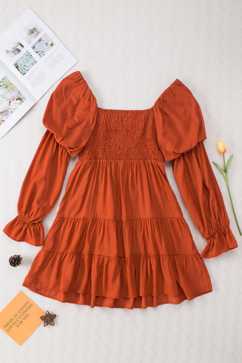 Off Shoulder Shirred Bodice Ruffled Sleeve Dress