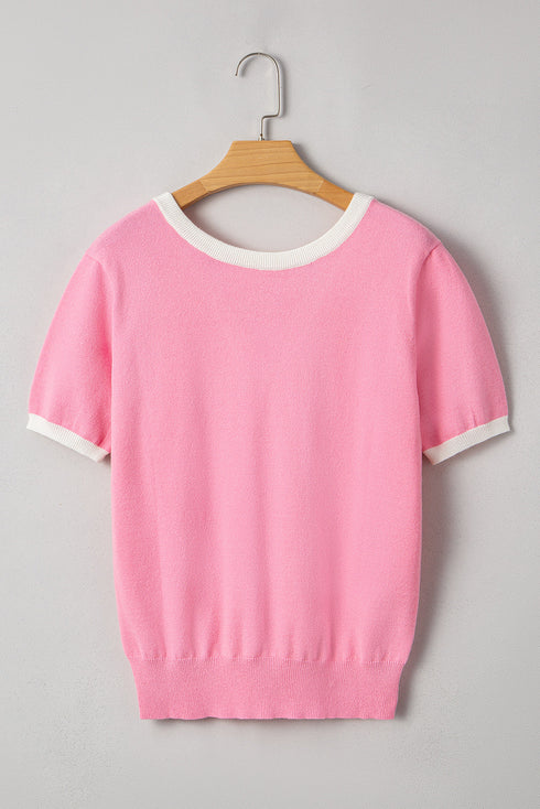 Open Back Bow Detail Short Sleeve Knit Sweater