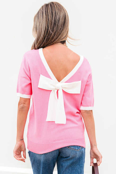 Open Back Bow Detail Short Sleeve Knit Sweater