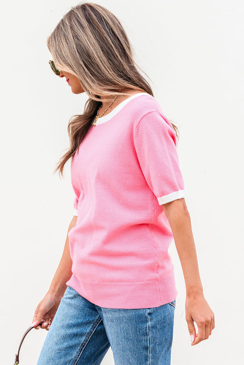 Open Back Bow Detail Short Sleeve Knit Sweater