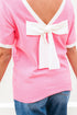 Open Back Bow Detail Short Sleeve Knit Sweater