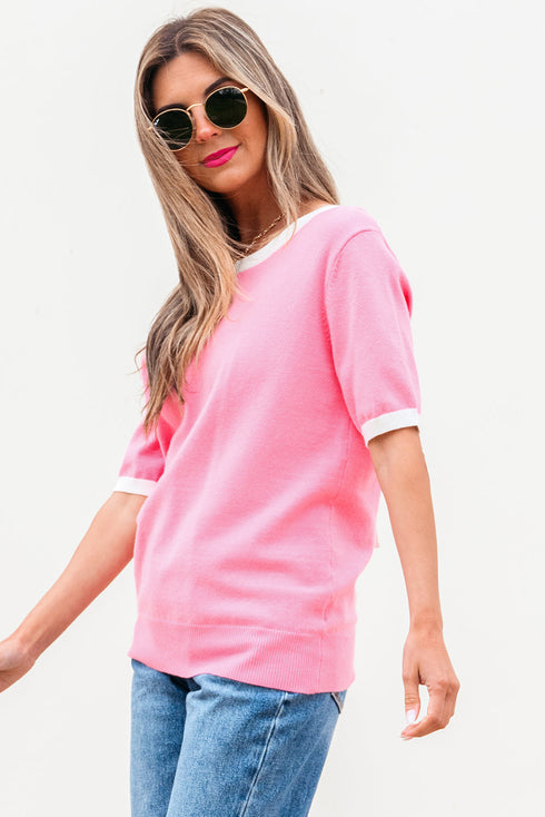 Open Back Bow Detail Short Sleeve Knit Sweater