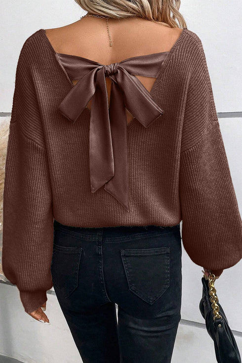 Open Back Bow Tie Ribbed Knit Sweater