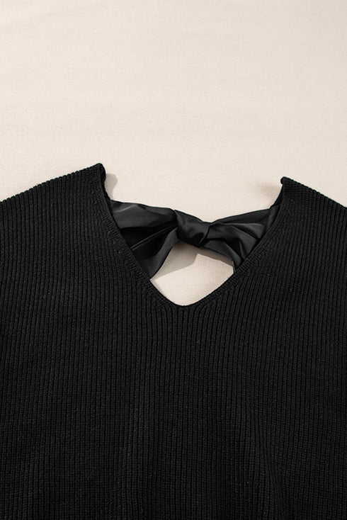 Open Back Bow Tie Ribbed Knit Sweater