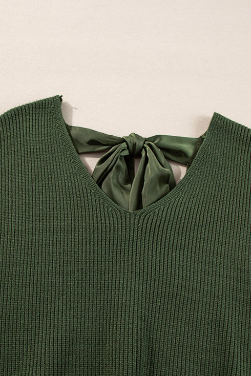 Open Back Bow Tie Ribbed Knit Sweater