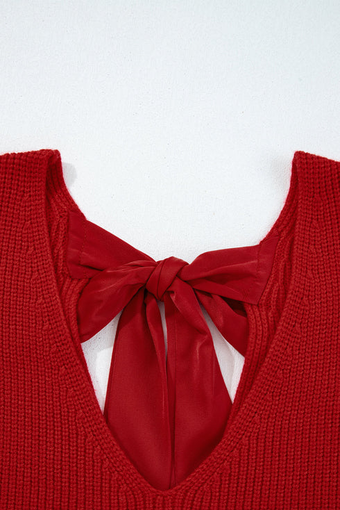 Open Back Bow Tie Ribbed Knit Sweater