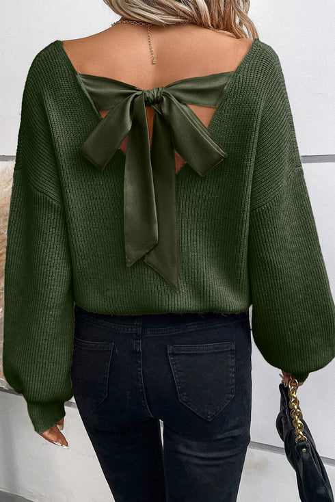 Open Back Bow Tie Ribbed Knit Sweater