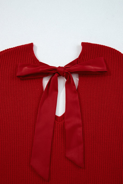 Open Back Bow Tie Ribbed Knit Sweater