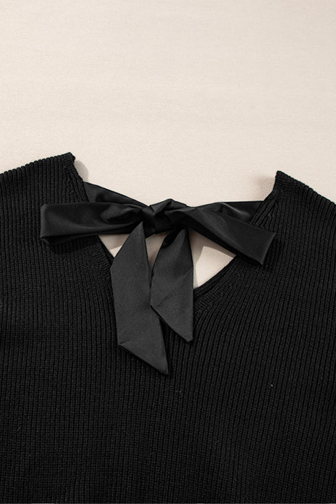 Open Back Bow Tie Ribbed Knit Sweater