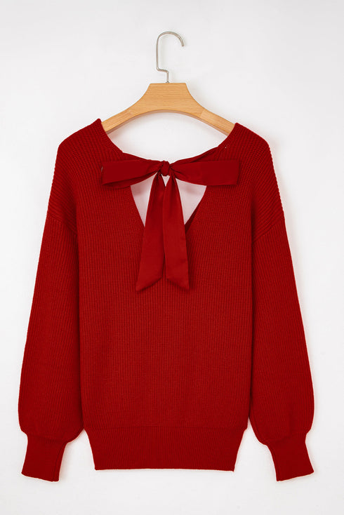 Open Back Bow Tie Ribbed Knit Sweater