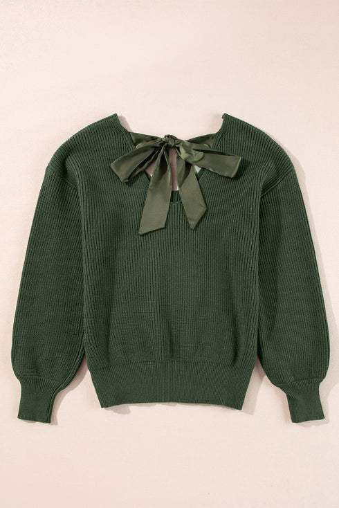 Open Back Bow Tie Ribbed Knit Sweater