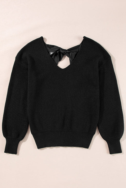 Open Back Bow Tie Ribbed Knit Sweater