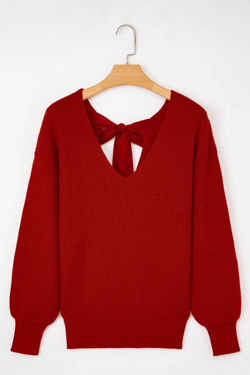 Open Back Bow Tie Ribbed Knit Sweater