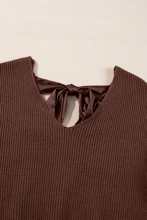 Open Back Bow Tie Ribbed Knit Sweater