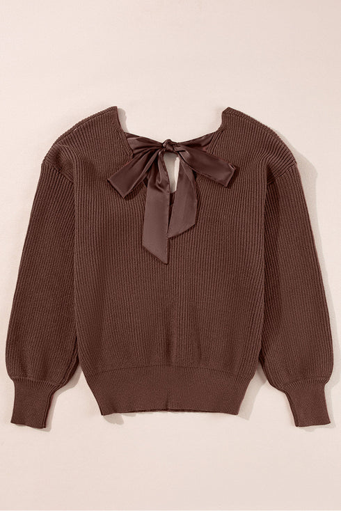 Open Back Bow Tie Ribbed Knit Sweater