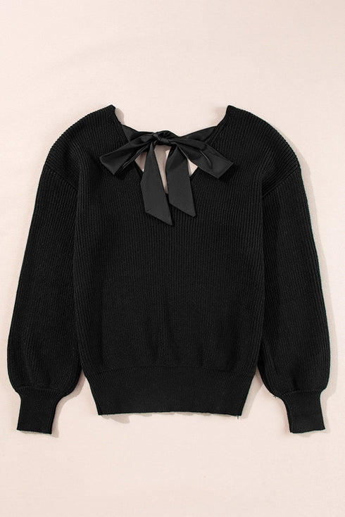 Open Back Bow Tie Ribbed Knit Sweater