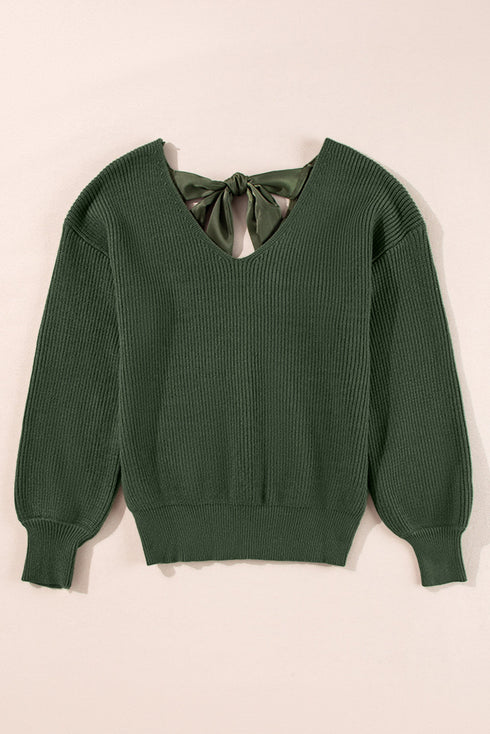 Open Back Bow Tie Ribbed Knit Sweater