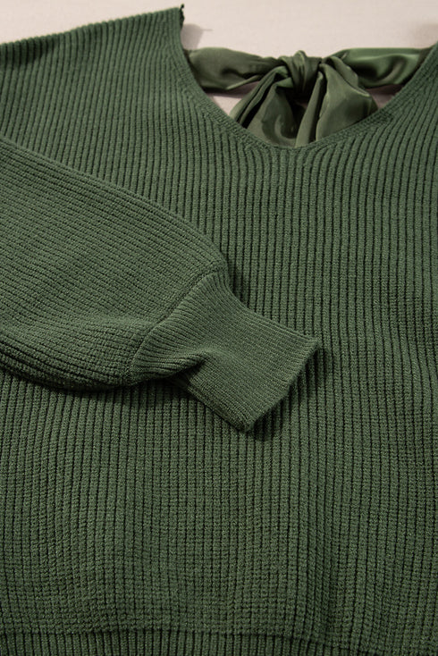 Open Back Bow Tie Ribbed Knit Sweater