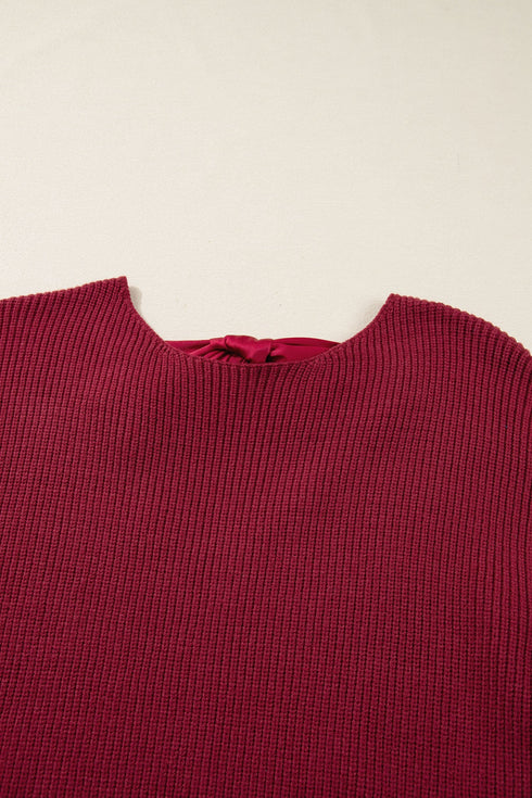 Open Back Satin Tie Ribbed Knit Sweater