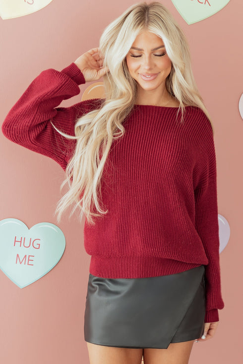 Open Back Satin Tie Ribbed Knit Sweater