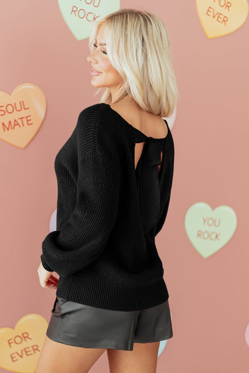 Open Back Satin Tie Ribbed Knit Sweater