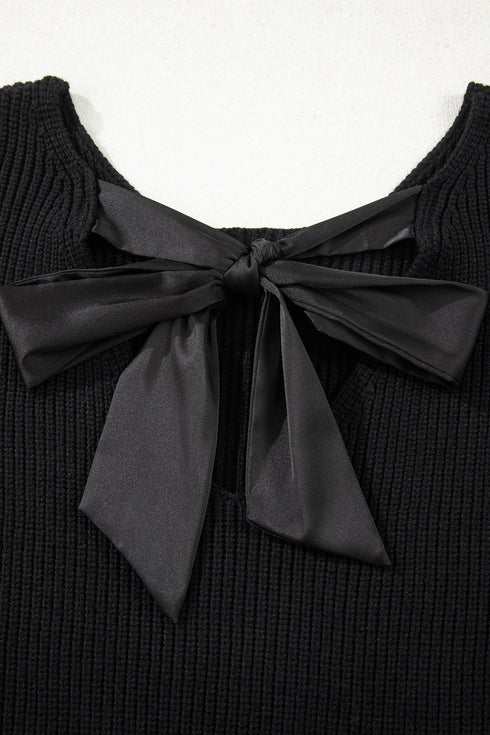 Open Back Satin Tie Ribbed Knit Sweater