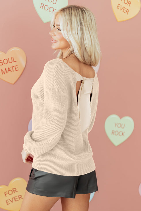 Open Back Satin Tie Ribbed Knit Sweater