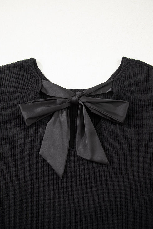 Open Back Satin Tie Ribbed Knit Sweater