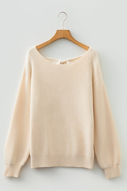 Open Back Satin Tie Ribbed Knit Sweater