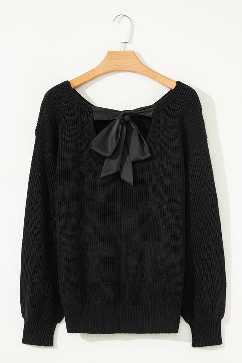 Open Back Satin Tie Ribbed Knit Sweater