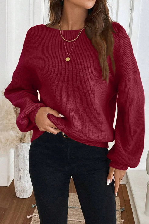 Open Back Satin Tie Ribbed Knit Sweater