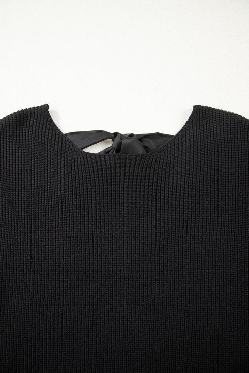 Open Back Satin Tie Ribbed Knit Sweater