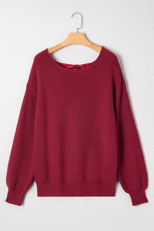 Open Back Satin Tie Ribbed Knit Sweater