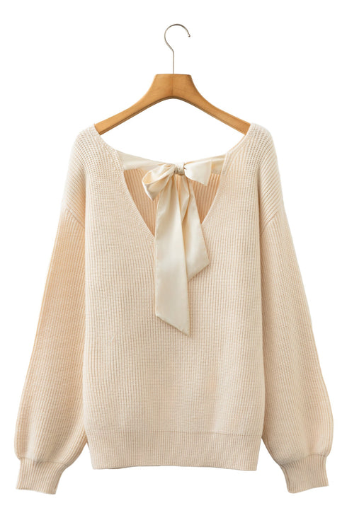 Open Back Satin Tie Ribbed Knit Sweater
