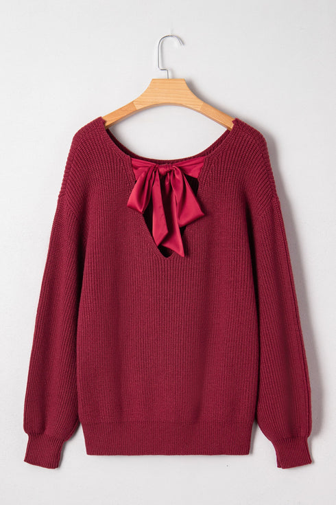 Open Back Satin Tie Ribbed Knit Sweater