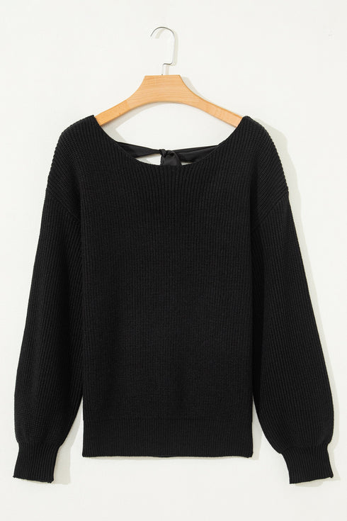 Open Back Satin Tie Ribbed Knit Sweater