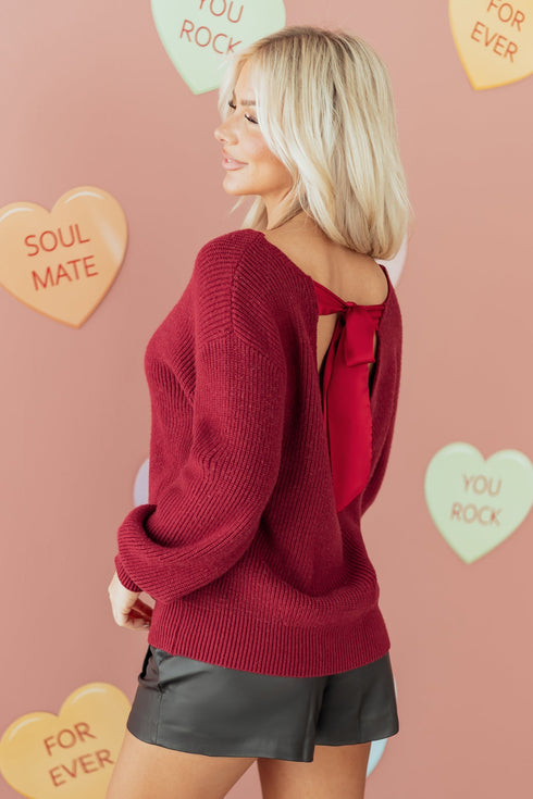 Open Back Satin Tie Ribbed Knit Sweater