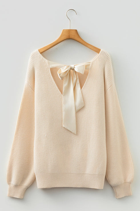 Open Back Satin Tie Ribbed Knit Sweater